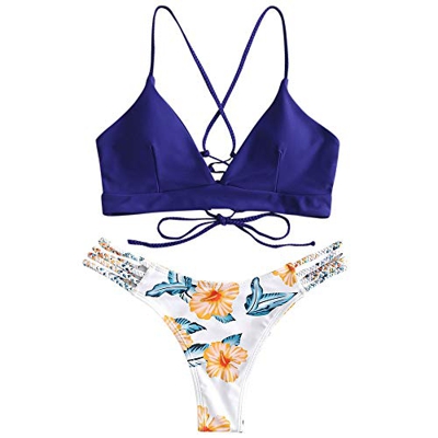 Conjunto de bikini Zaful para mujer compuesto por dos piezas con sujetador ajustable en la espalda y efecto realzador, escote triangular y estampado d