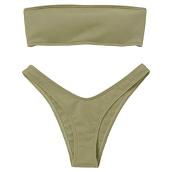 Voqeen Mujeres Sexy Bandeau Traje de baño Cuello Alto sin Tirantes Acanalado Cojín extraíble Conjunto de Bikini de Cintura Baja características