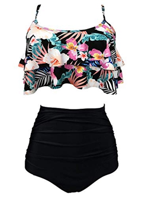 AOQUSSQOA Mujer Traje de baño con Volantes para Mujer Cintura Alta Dividida Bikini natación Esencial (BlackFlower, L)