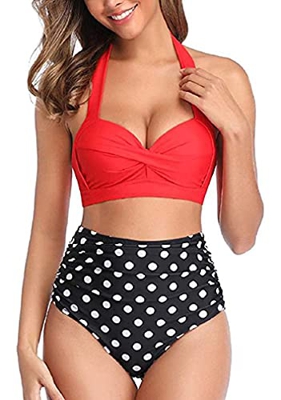 Mujer Conjuntos de Bikini Cintura Alta Conjunto de Bikini de Dos Piezas con Pliegues Halter Push Up Arriba Trajes de baño Retro Ropa de Playa