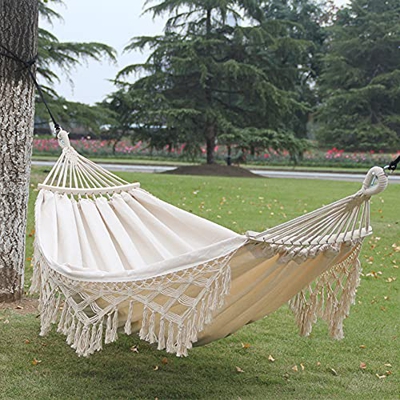 JTYX Hamaca Colgante a Rayas para jardín al Aire Libre, Hamaca para Acampar, Hamaca de Lona Extra Grande con Barra de Madera Curvada para Acampar, jar