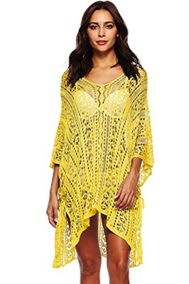 UMIPUBO Mujer Ropa de Baño Crochet Vestido de Playa V Cuello Camisolas y Pareos Bikini Cover up (Amarillo)