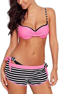 CheChury Mujer Conjuntos De Bikini Cuello Hálter Push up Trajes de Baño de Tres Piezas con Bañador Natacion Shorts Tangas Retorcido Bikini para Damas