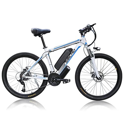 26" Bicicletas eléctricas para Adultos, con Shimano de 21 velocidades extraíble de 10 Ah Litio batería, Bicicletas eléctricas Urbana (White Blue)