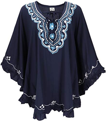 GURU SHOP Poncho hippie bordado, túnica, caftán, vestido de playa, talla grande, para mujer, gris, sintético, talla única, blusas y túnica, ropa alter