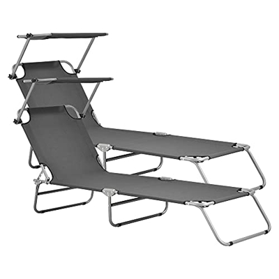 Set de 2X Tumbona Plegable Argozelo 186 x 55 x 24 cm con Techo Parasol Toldo Acero hasta 110 kg Hamaca de Playa Asiento para Jardín Silla Reclinable G