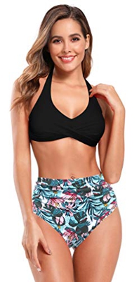 SHEKINI Traje de Baño Brasileño de Dos Piezas para Mujer Copas Torcidas Traje de Baño con Cuello Halter Pantalones de Cintura Alta con Pliegues Bikini