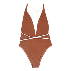 KAQQ Women's Swimsuit Wrap Push Up Solid Color One-Piece Bathing Suit Sexy High Waist Training Athletic Swimwear (Brown, L) en oferta