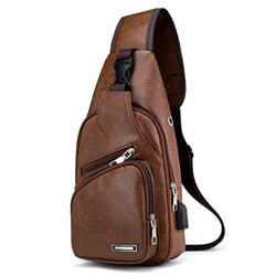 Sunnyflowk Fashion Trendy Men Chest Bag Ciclismo Bolsa de Deporte Cuero de PU Casual Business Bag Sling Bolsa de Hombro para Acampar Senderismo (marró características