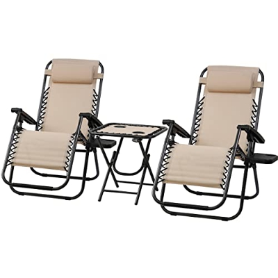 RR TLV-TMBD 2X Tumbonas Sillas Plegables Playa Piscina Hamaca Reposabebidas Beige con Mesita, Tela, Metal, Universal