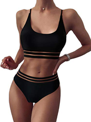 SOLY HUX Bikini para mujer con malla de 2 piezas, traje de baño de cintura alta, bikini Negro XS en oferta