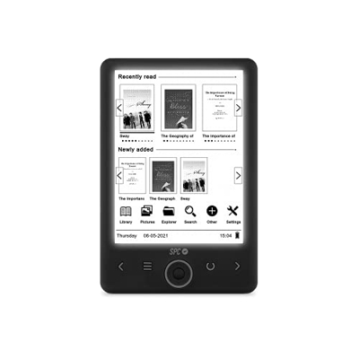 SPC Dickens Light 2 Libro electrónico con Pantalla retroiluminada y luz con 6 Niveles de Intensidad, Teclas Frontales, posición Vertical y Horizontal,