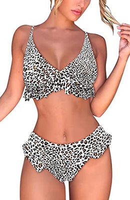 heekpek Bikini Traje de baño Conjuntos Playa Ropa Bañador a Cuadros Tanga Top Triángulo Relleno Braga con Volantes para 2 Piezas Mujer Sexy(Leopardo,M