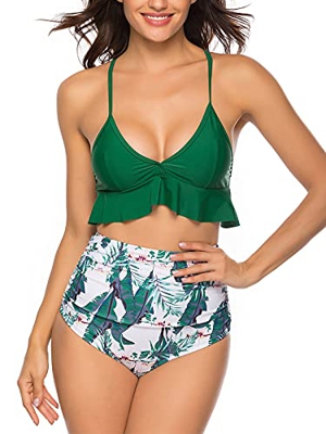 Voqeen Trajes De Baño De Dos Piezas para Mujer De Cintura Alta con Volantes Y Volantes con Cuello En V, Traje de Baño con Control De Barriga, Conjunto