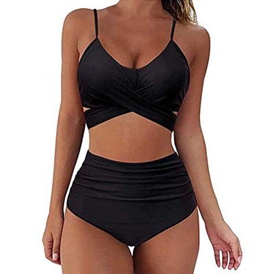 Geagodelia Bañador de mujer de dos piezas bikini brasileño Push Up acolchado traje de baño cintura alta sexy curvy tirantes finos leopardo playa Negro