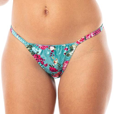 Satini Braguitas de satén Estampado Tanga Bikini Ropa Interior (Floral Rosa y Turquesa, S)