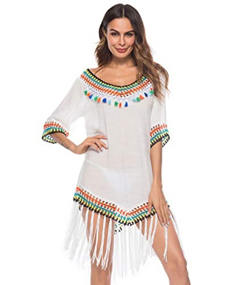 Traje de baño de Mujer Falda de Playa de Ganchillo Top Poncho de Punto Bikini Bikini de Camuflaje de Verano(white-P1870)