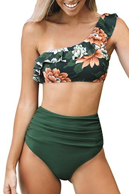 CUPSHE Conjunto de Bikini de Cintura Alta Volantes Un Hombro Traje de Baño de Dos Piezas, L