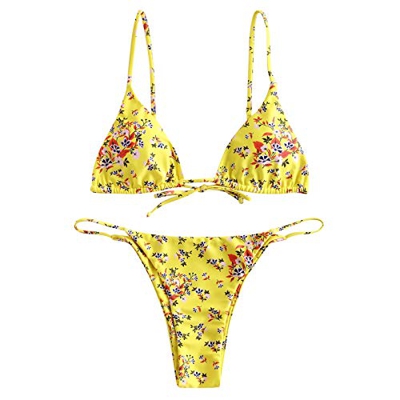Bikini sexy para mujer, tanga con bordado de flores, tirantes finos, ajustable, desmontable, traje de baño clásico deportivo para la playa, amarillo, 