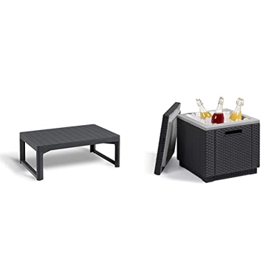 Keter 232300 Mimbre Efecto 'Allibert Lyon – Comedor/Mesa De Café – Negro/Grafito + Ice Cube Mesa Nevera para Jardín, Grafito