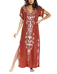 JENJON Mujeres Vestido de Playa Kaftan Floral Bordado Bohemia Tamaño Largo Cover Ups para Bikini A-Rojo Talla única precio