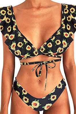 heekpek Bikini Brasileño Mujer Sexy Bikini Set Cuello en V Triangulo Bikini Volantes Floral Estampado Bikini Playa