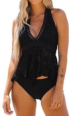 Beachsissi Mujeres Soild Color Dos Piezas Bikini Halter Cuello Ruffle Hem Beachsuits Lace Panel Cute Tankini Sets, Negro, L