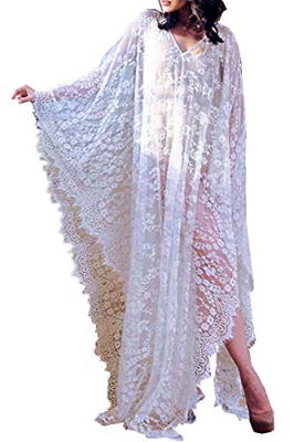 LikeJump Mujer Floral Kaftan Encaje Vestido de Playa Kimono Pareos Bohemia Cover Ups