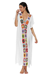 L-Peach Mujer Floral Crochet V-Escote Kaftan Pareo Beach Swimwear Cover Up para Playa Verano en oferta
