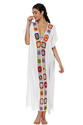 L-Peach Mujer Floral Crochet V-Escote Kaftan Pareo Beach Swimwear Cover Up para Playa Verano