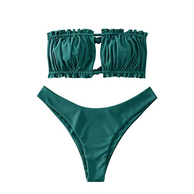 ZAFUL Set de bikini tipo bandeau Tie Cutout para mujer, verde-2, L