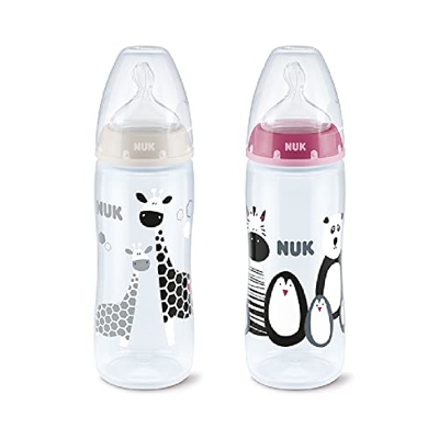 Pack 2 Biberones Baby Safari NUK silicona de 360ml con control de temperatura para bebés de 6 a 18 meses. Colores beige y rosa