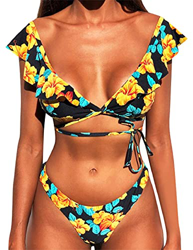 heekpek Bikini Brasileño Mujer Sexy Bikini Set Cuello en V Triangulo Bikini Volantes Floral Estampado Bikini Playa precio