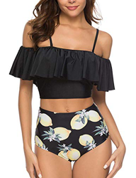 Voqeen Mujer Bikini con Cuello Halter Acolchado y Volante Acanalado de Cintura Alta y Traje de baño precio
