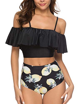 Voqeen Mujer Bikini con Cuello Halter Acolchado y Volante Acanalado de Cintura Alta y Traje de baño
