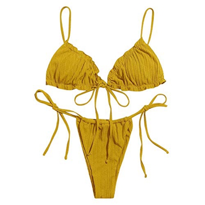 Bikini acolchado para mujer, de un solo color, acanalado, tirantes finos, push up, parte superior triangular, sexy, cuello en V, deportivo, dos piezas