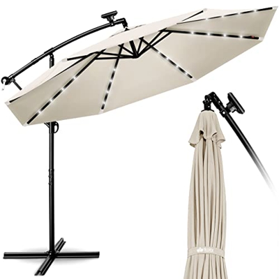 tillvex 300 cm Sombrilla Excentrico con 32 Luces LED Solar | Parasol para Terraza Jardín Balcón Patio | con Manivela y Base en Cruz, giratorio 360º, P