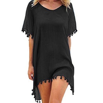 Voqeen Mujer Camisolas y Pareos Ropa de Baño Bikini Cover Up Vestido Playa Suelto Borla Verano Transparente Vestido de Playa (Negro)