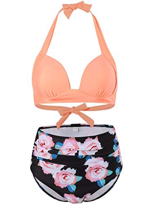 FLYILY Traje de baño para Mujer Talle Alto Acolchado Halter Playa bañador(WhiteFlower,XL)