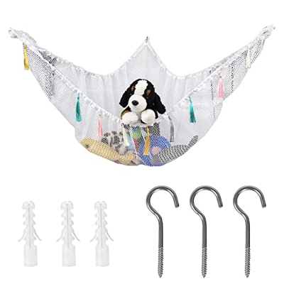 FuninCrea Hamaca, Hamaca de Almacenamiento de Animales Colgantes de Malla con Borlas, Marco de Red de Hamaca Duradera para el Almacenamiento (Blanco)
