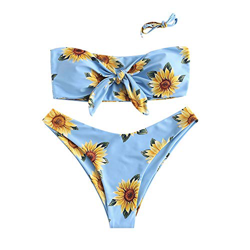 Zaful - Bikini sexy para mujer, estampado de girasol, con cordones, cruzado, corte alto, azul celeste, M características