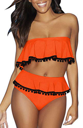 Mujer Traje de Baño Volantes Borla Tops con Pompon Fuera del Hombro Bikini de Dos Piezas Ropa de Playa de Cintura Alta en oferta