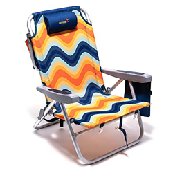 Silla de playa reclinable, plegable, ligera, plegable, plegable, con portavasos y almohada acolchada, 5 posiciones, reposacabezas para campamento/césp características