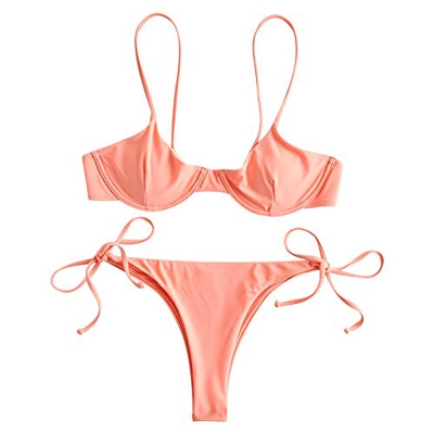 ZAFUL - Conjunto de bikini para mujer, parte superior con aros, push-up, escote balconette e inferior tipo tanga con lazos en los laterales salmón L