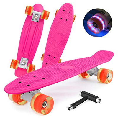shownicer Monopatín Skateboard Completo Mini Cruiser Patín Plástico Penny Board 22'' para Niños Adultos Principiantes, LED Ruedas Iluminadas & ABEC-7 