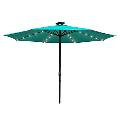 Swanew - Sombrilla con luz LED solar, protección UV 30+, redonda, sombrilla de mercado, con manivela, sombrilla para balcón, terraza y jardín, azul ce