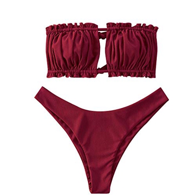 ZAFUL Set de bikini tipo bandeau Tie Cutout para mujer, rojo-3, S