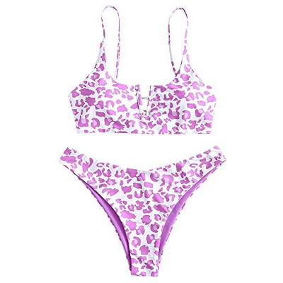 ZAFUL - Conjunto de bikini reversible con cordones y cuello en V con estampado de animales Multicolore-d M