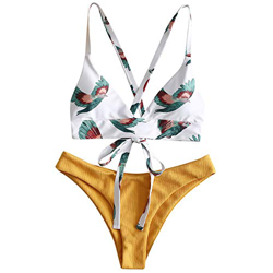 ZAFUL Conjunto de Bikini con Relleno Push Up Triangular Busto Ajustable con Tirantes Cruzados Traseros Estampado Talle Bajo (Pájaro-Amarillo, M) precio