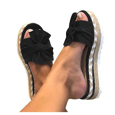 FeelFree+ Zapatilla de Plataforma con cuña para Mujer,Sandalias Verano Nudo en la Parte Delantera Playa,Bohemia Moda Casual Ancho Bowknot Plano Tejido